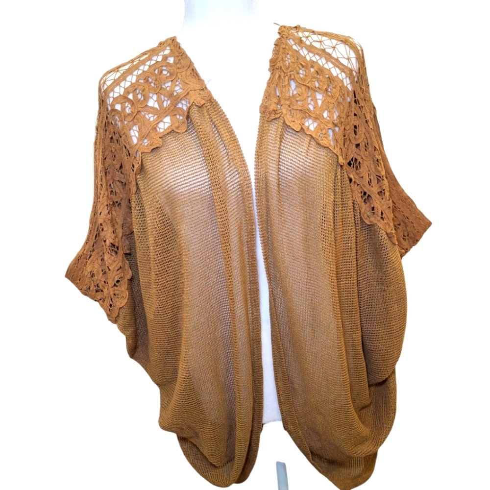 Open-Front Crochet Shoulder Knit Cardigan - Tan - Picture 2 of 9